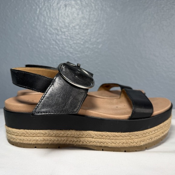 UGG Women 8 April Espadrille Platform Sandal Black Leather Buckle Strap EUC